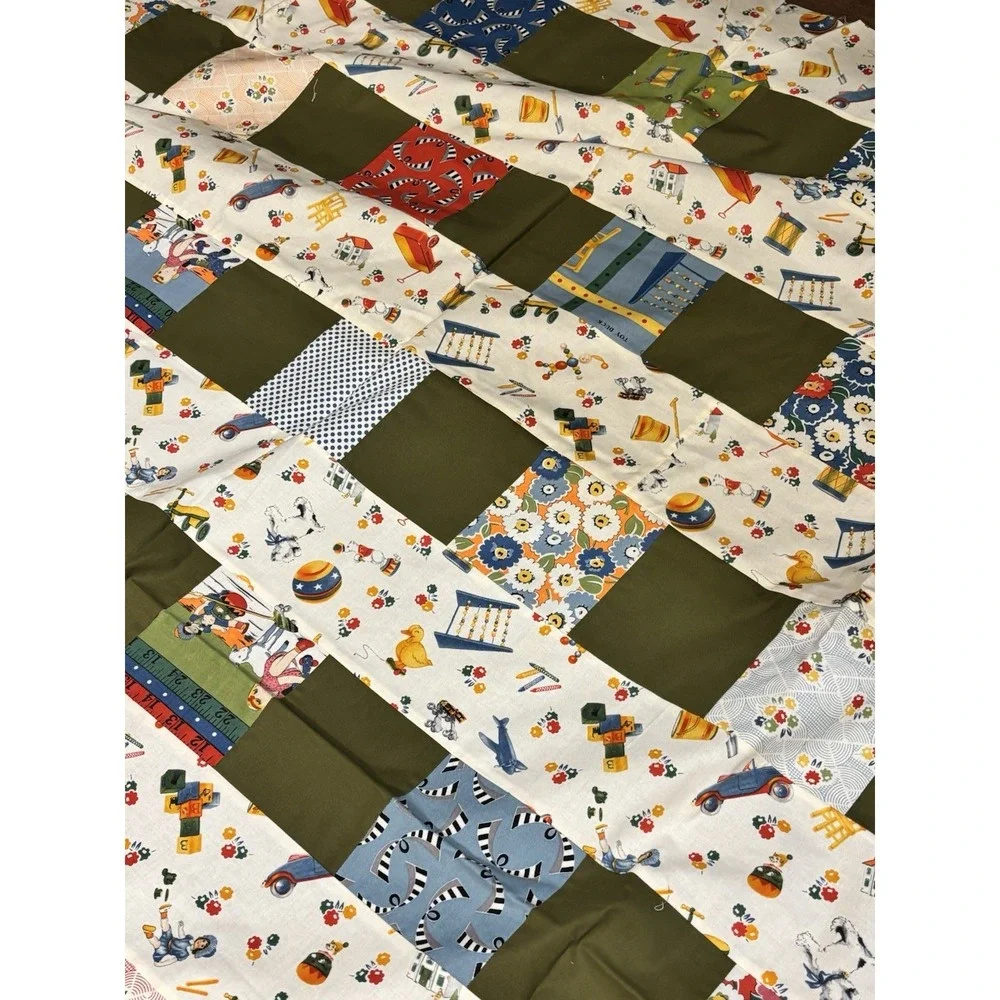 Handmade Quilt Top Backing Set 67.5x68 Patchwork Cotton Kids Toy Print